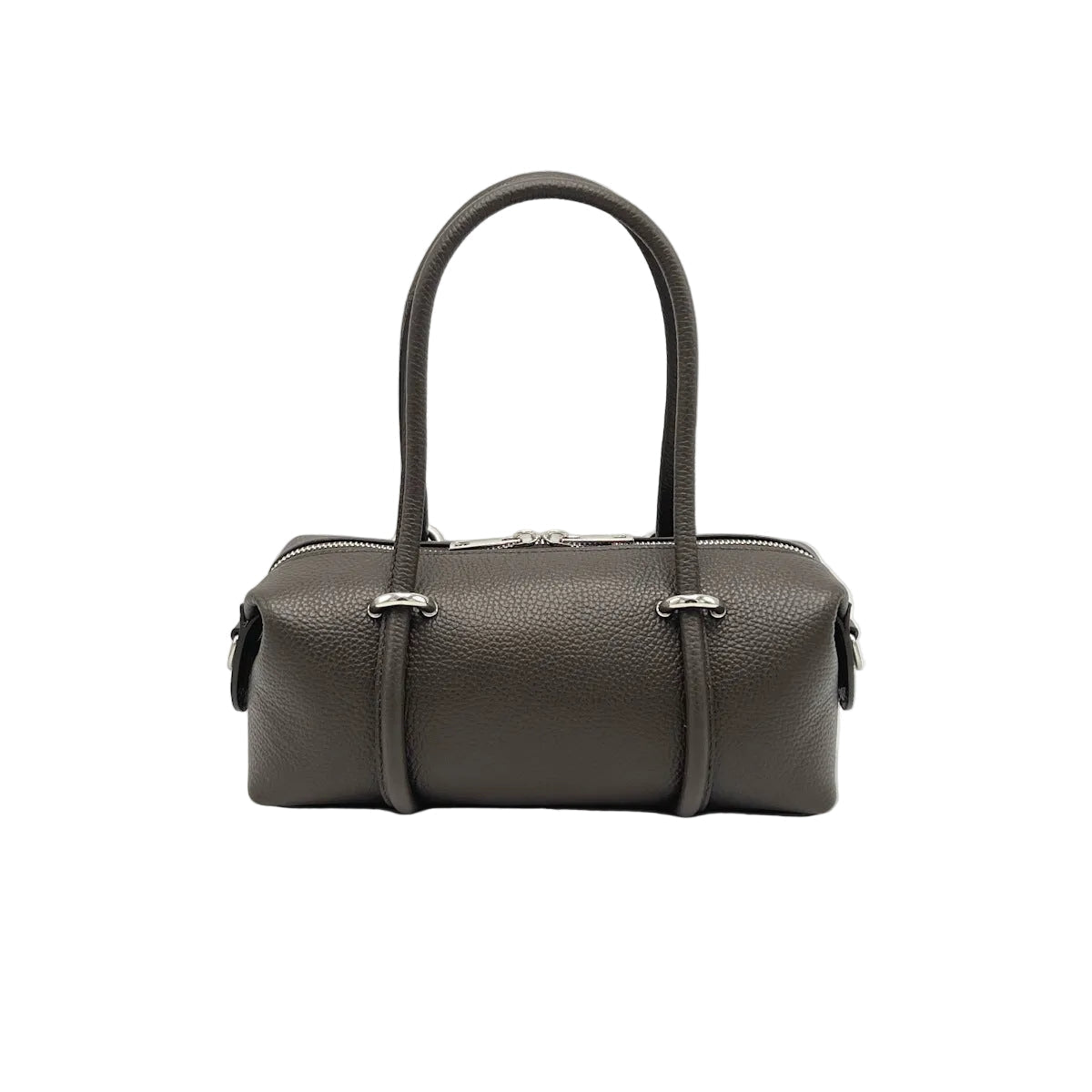 Dark brown handbag with a handle sobre fondo blanco