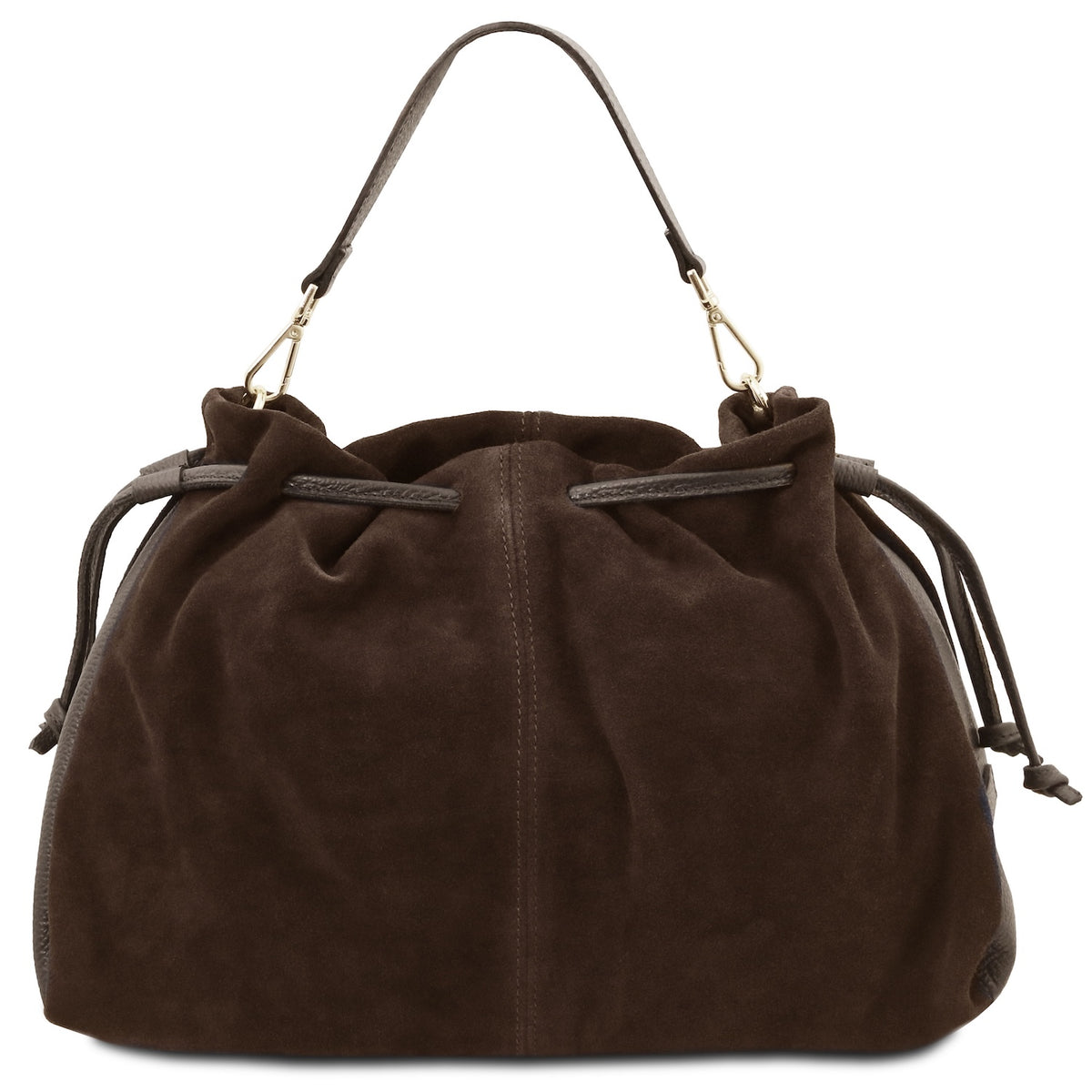 Sac en daim marron foncé à cordon de serrage avec bandoulière et finitions dorées sur fond blanc.