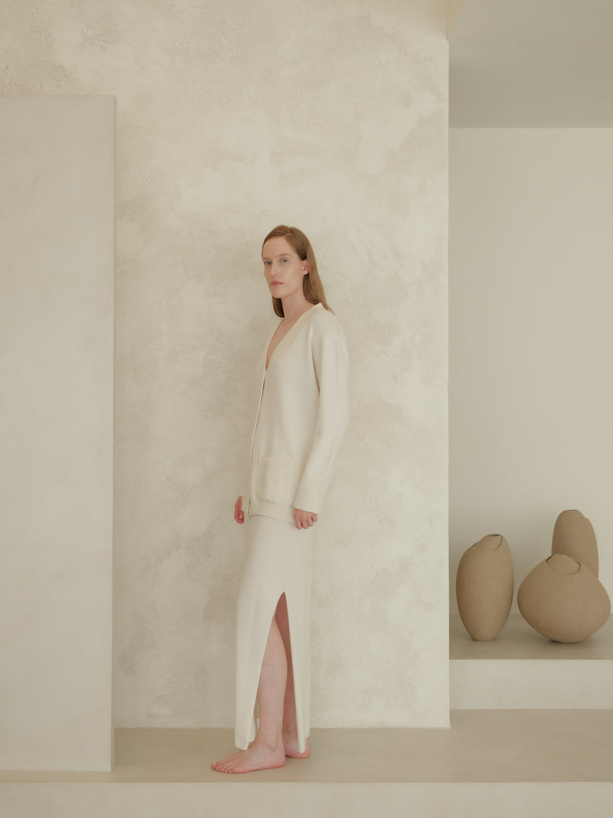 Cashmere Blend High-Waist Long Skirt With Side Slit (3D-Knit)