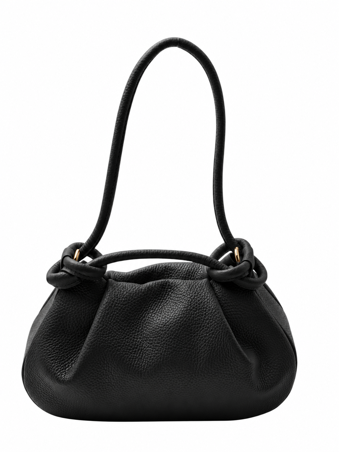 Bolso de hombro de piel granulada negra con asa integrada, silueta fruncida y detalles de nudo decorativos sobre fondo blanco.