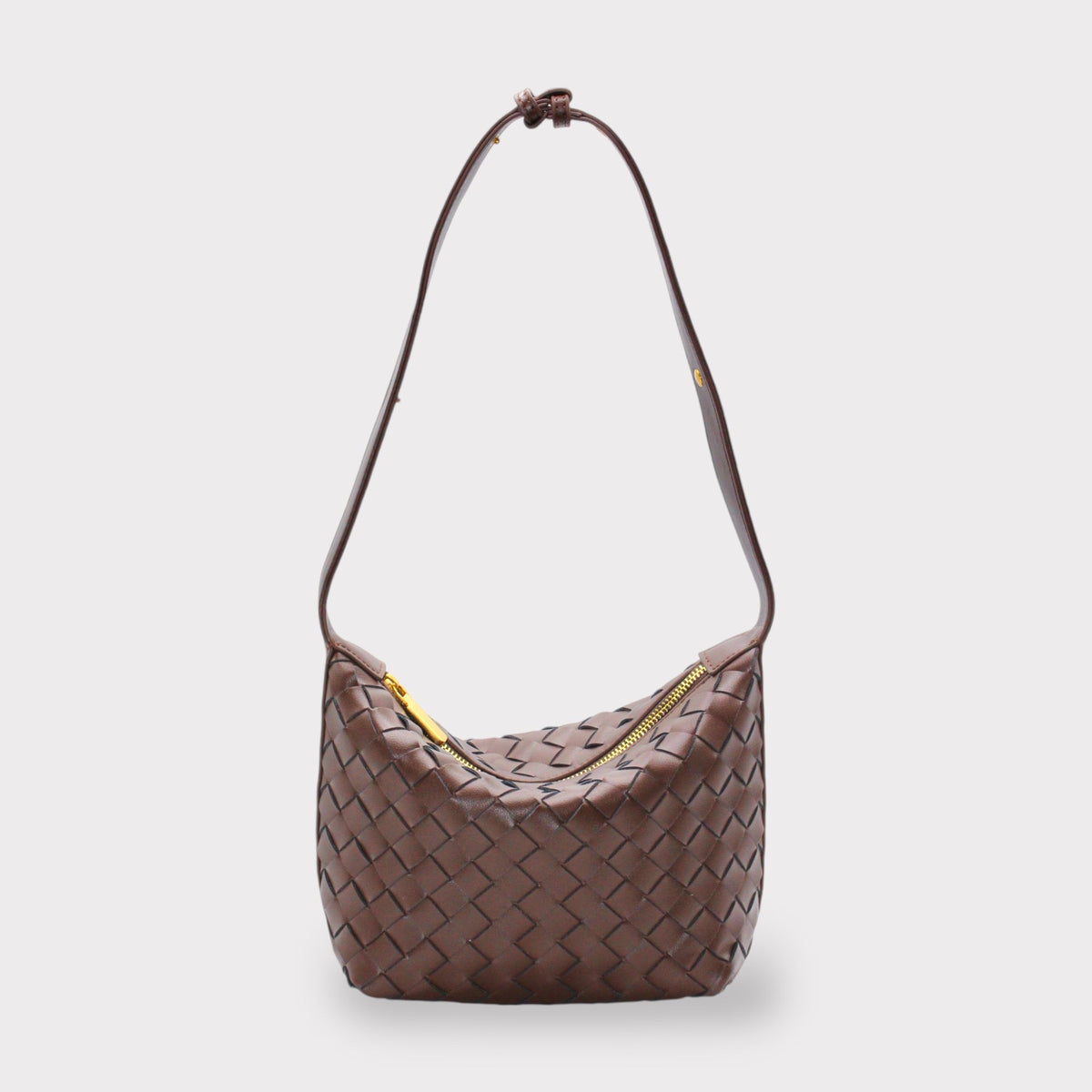 Sac porté épaule marron en cuir véritable tressé avec fermeture zippée dorée