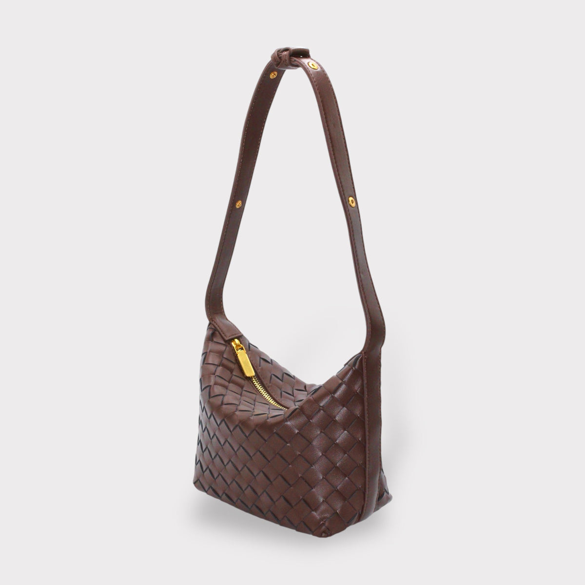Pochette rectangulaire en cuir véritable tressé brun chocolat avec bandoulière réglable
