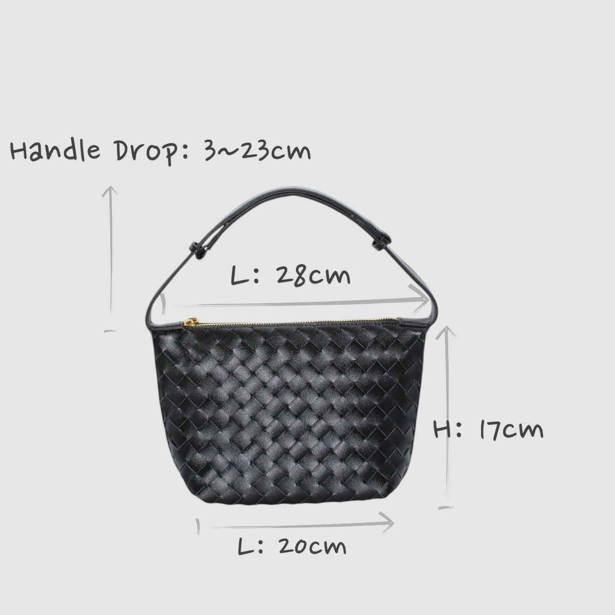 Noir woven leather boxed pouch bag with gold zipper and short handle shown with size measurements against a gray background.