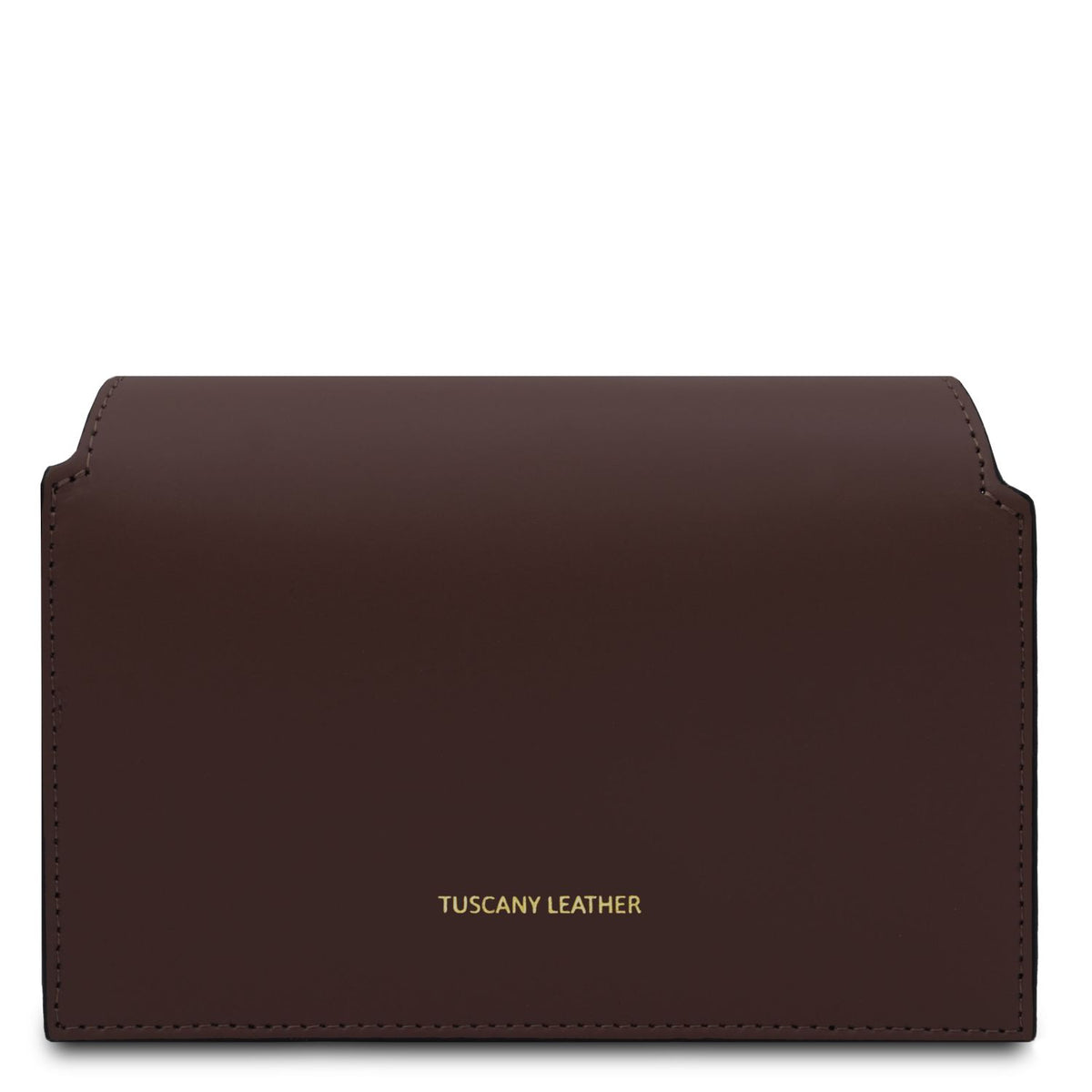 Chocolate brown portefeuille en cuir with 'Tuscany Leather' branding sur fond blanc