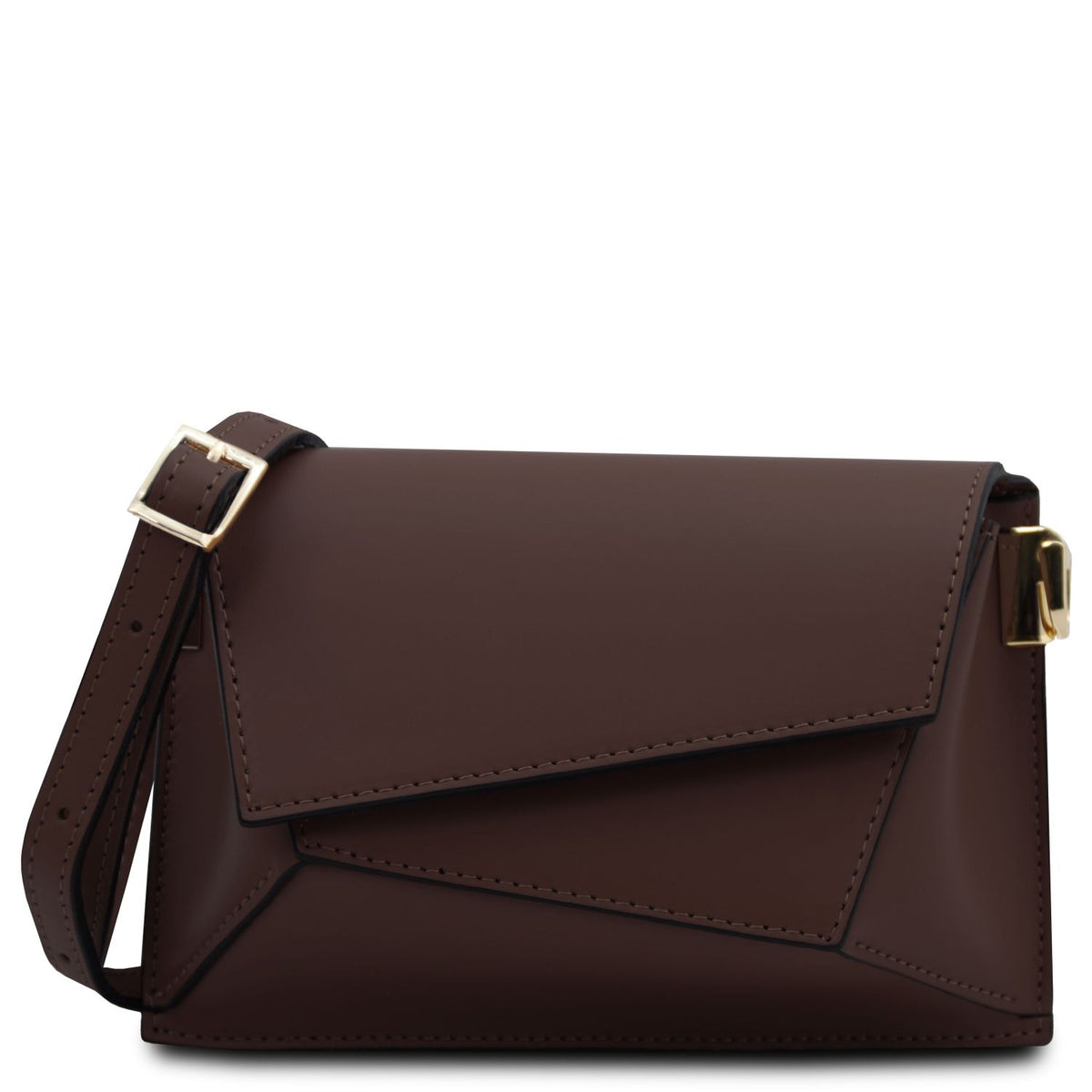 A dark brown leather crossbody bag with a fermeture à rabat, gold-tone buckle details, and a matching shoulder strap, shown on a plain white background.