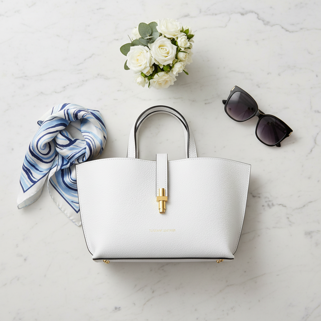 Agatha White Tote – flat lay