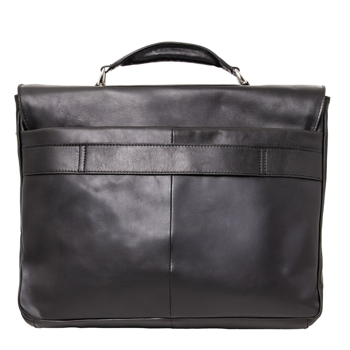 Rückansicht einer mattschwarzen Leder-Laptoptasche mit horizontal abgestepptem Riemen