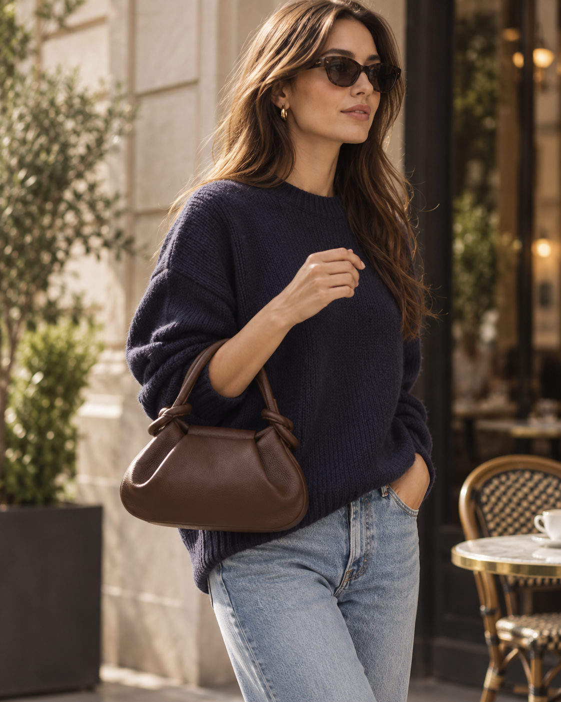 Mujer con jersey de punto azul marino, vaqueros claros y gafas de sol oscuras llevando un bolso de hombro de piel marrón cerca de una cafetería.