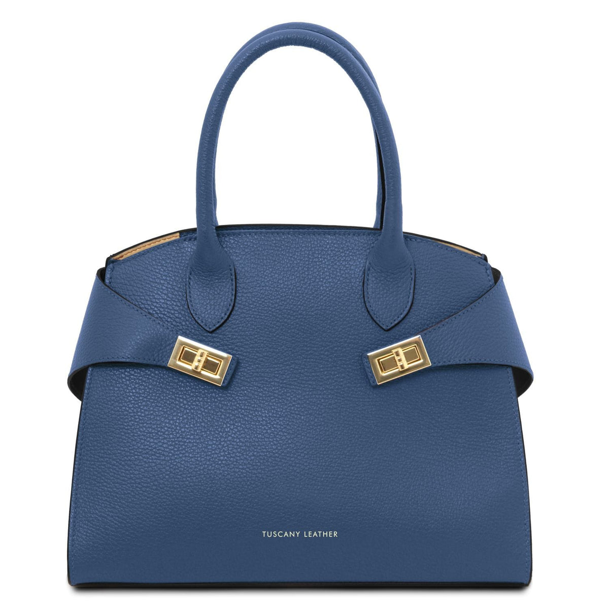 Blue Coccola women's leather tote with top handles and gold hardware closures