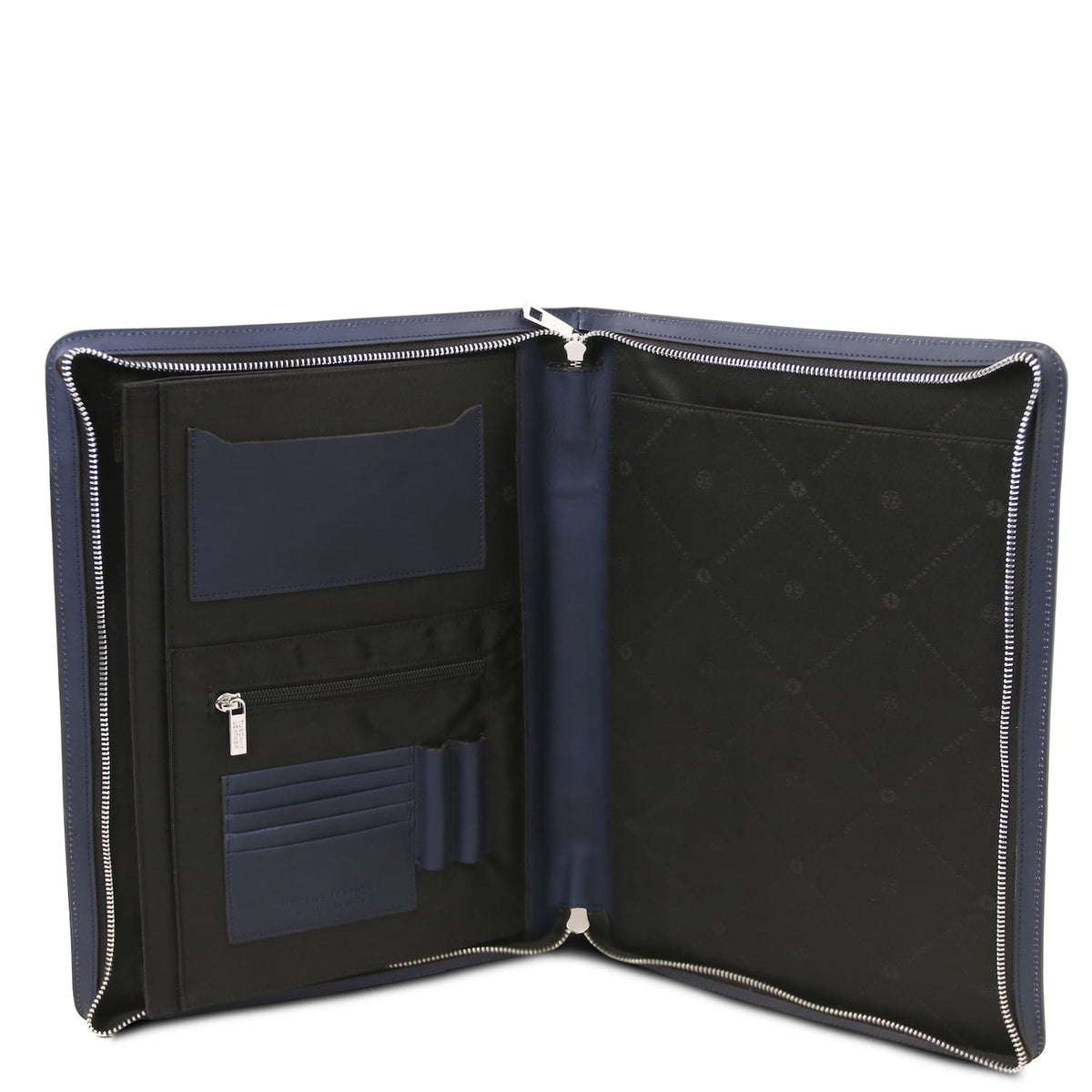 Aberta interior of the azul-marinho Cosconhaquetino document case with ranhuras para cartões bolso com fecho and divider