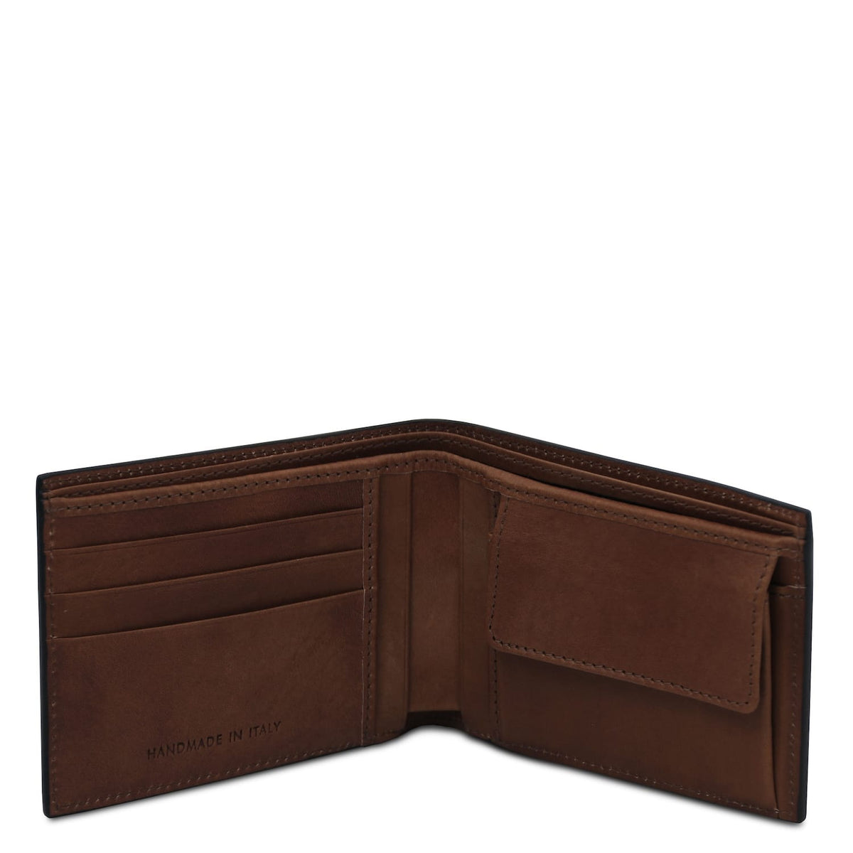 Cartera abierta de piel mate marrón para hombre con ranuras para tarjetas y monedero; interior con sello Handmade in Italy