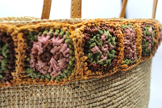 Handbag & Wallet Accesorios Flora - Handmade Raffia Bag with Crochet Amber Flower Band San Rocco Italia