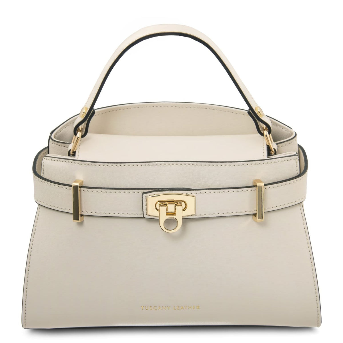 Bege maisy handbag with gold accents sobre fundo branco