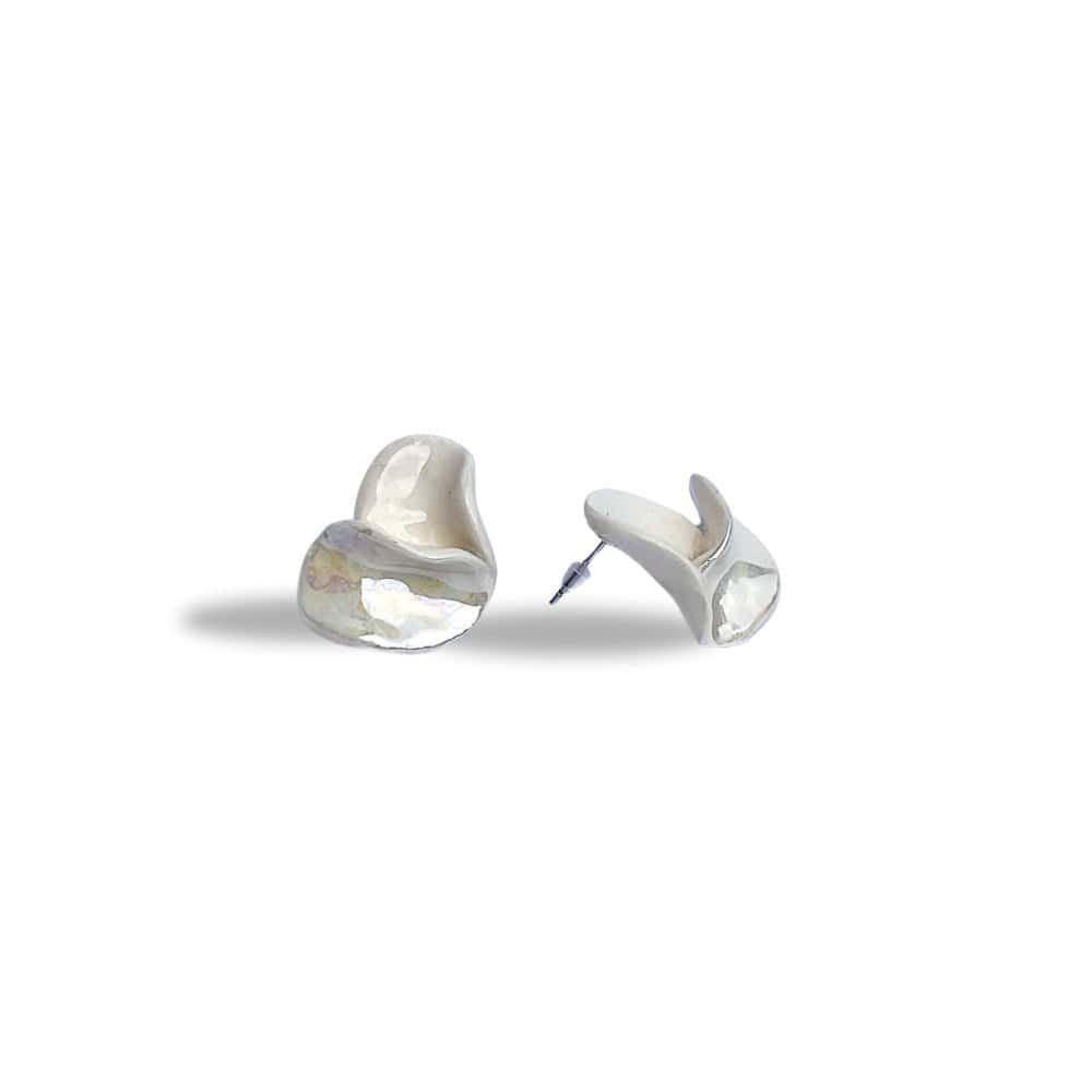 Petali handcrafted pearl white ceramic flower stud earrings with silver posts
