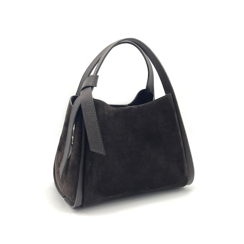 Pienza – Italian Suede Leather Tote Hebag – Espresso Marrone con pelle martellata heles e smooth suede body su sfondo bianco