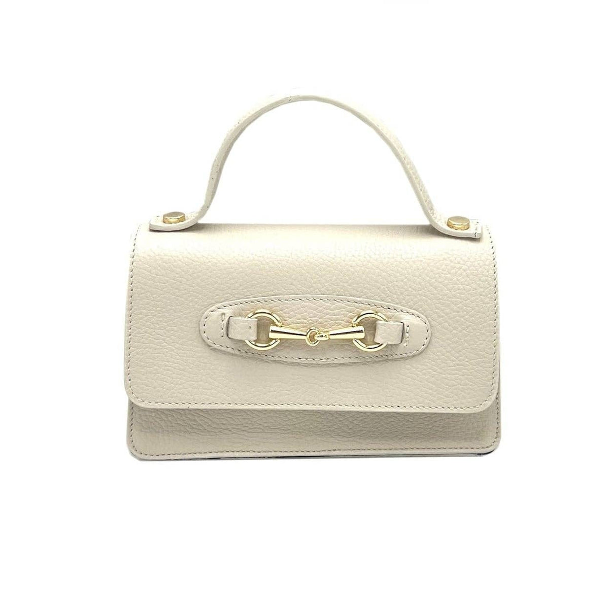Beige handbag with a gold clasp on a white background