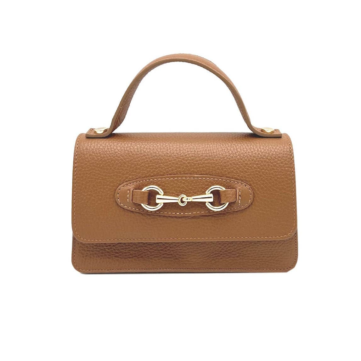 Brown leather handbag with a gold clasp on a white background