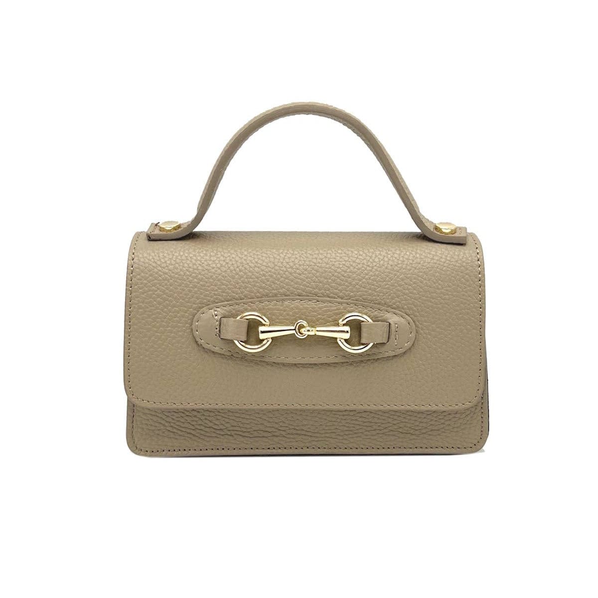 Beige handbag with a gold clasp on a white background