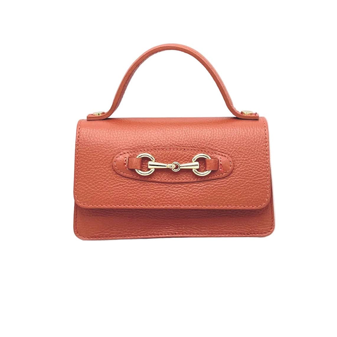 Orange handbag with a gold clasp on a white background