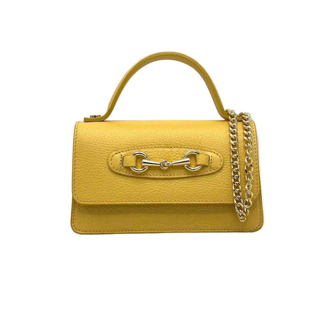 Yellow handbag with a chain detail on a white background