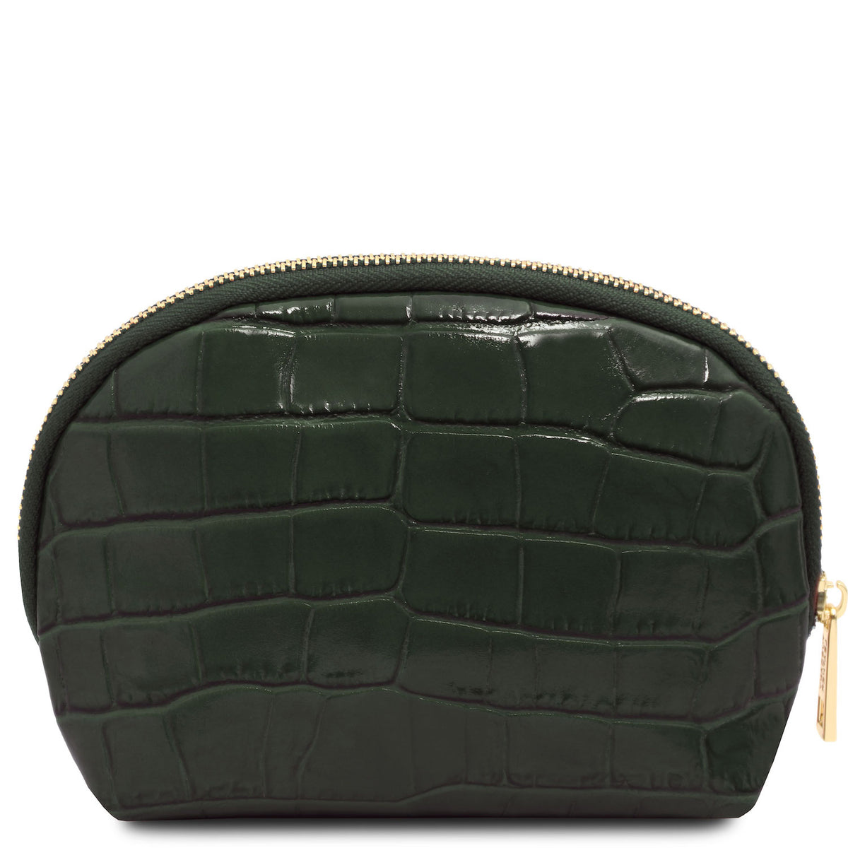 Vera - Croc print leather toiletry case | TL142514 in dark green embossed leather with gold-tone zipper vor weissem Hintergrund