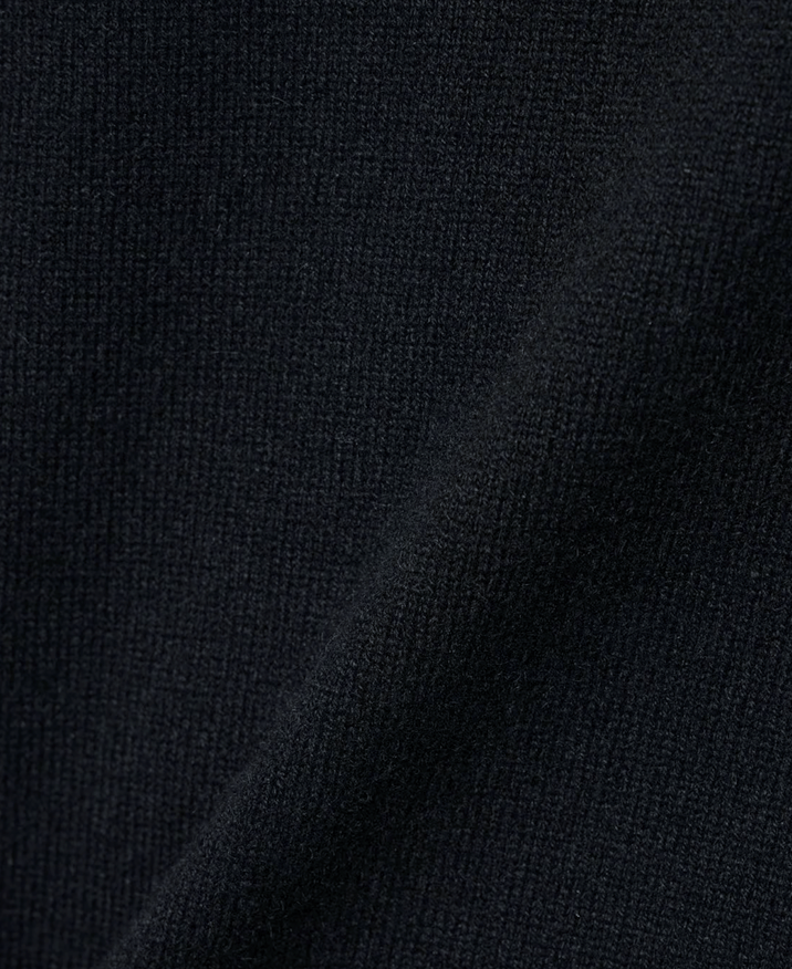 Close-up of deep navy fabric texture showcasing the soft knit weave of the Wool & Cashmere Mix High Neck Sweater with Zip.