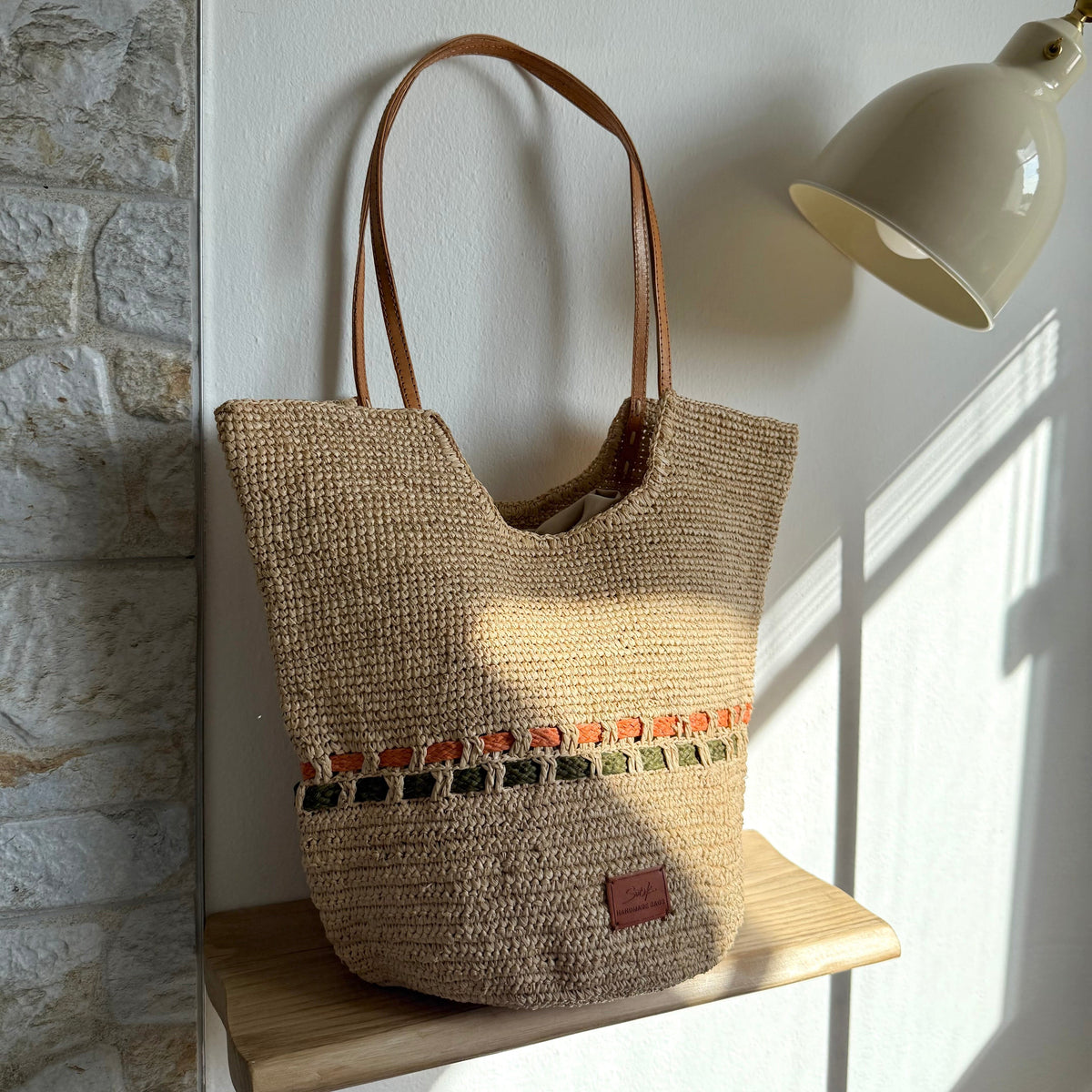 Hebag & Wallet Accessori Zola - Hemade Naturale Raffia Tote Bag - Pastel Verde e Ambra San Rocco Italia