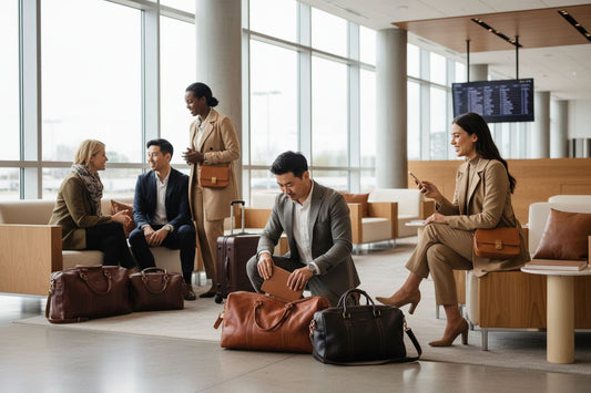 Reisetaschen aus Leder, stilvolles Reisen, Flughafenlounge