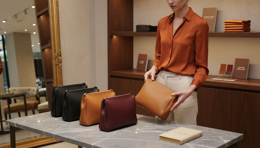 Selezione di borse in pelle di qualità in una boutique