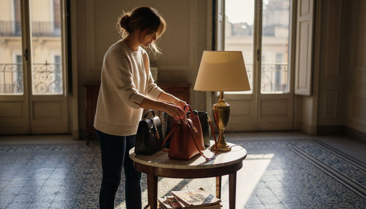 Donna sistema borse italiane in pelle a casa