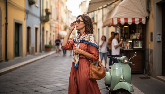 Donna italiana sistema un foulard in seta all’aperto