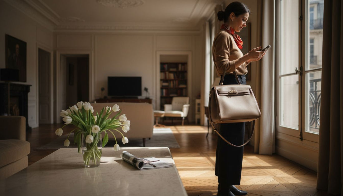 Mujer con bolso de lujo en un apartamento de París