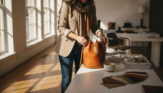 Donna appoggia una borsa a secchiello in pelle sulla scrivania di uno studio di design