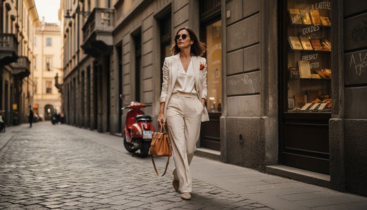 Donna italiana cammina lungo una strada di Milano con una borsa