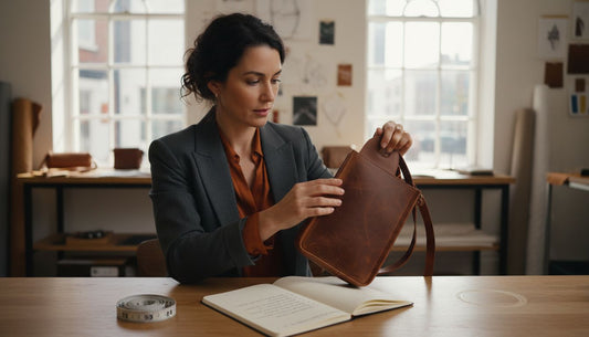 Donna esamina una borsa sling in pelle al bancone di una boutique