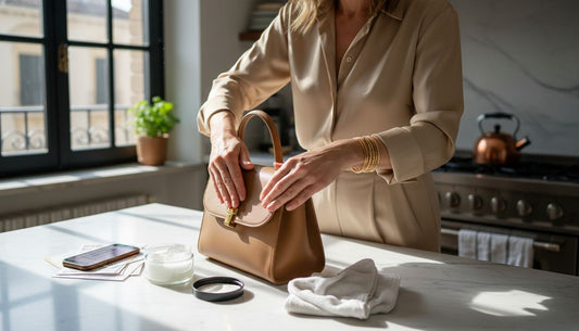 Donna applica una crema per pelle su una borsa italiana