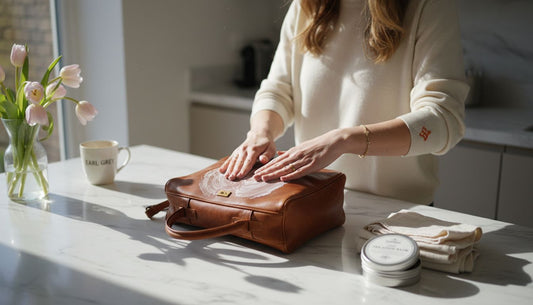Applicazione del balsamo per pelle su una borsa di lusso