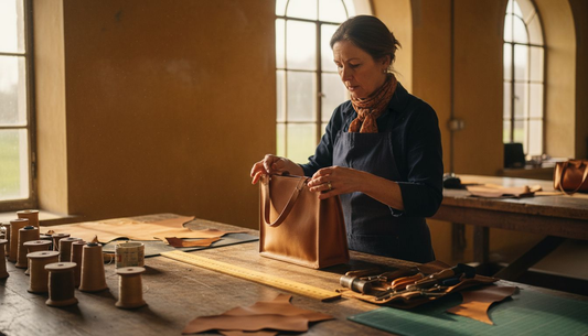 Artigiana controlla una borsa in pelle in atelier