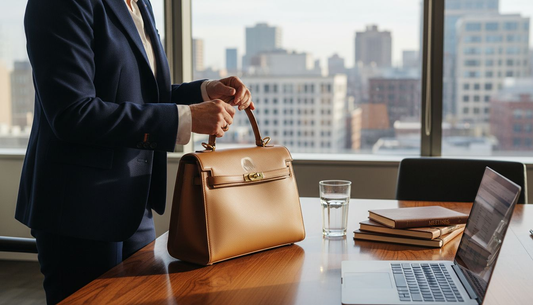 Bolso de piel de grano superior sobre una mesa de oficina
