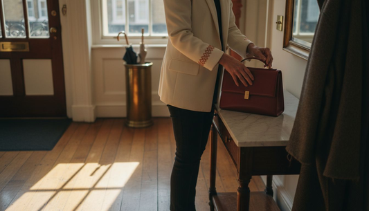 Mujer elegante colocando un bolso de piel de grano superior