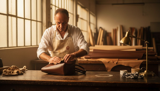 Artesano puliendo un bolso italiano de piel