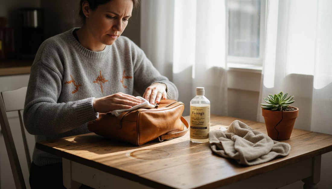 Femme nettoyant un sac à main en cuir à la table de la cuisine