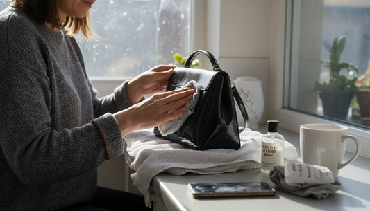 Mujer preparando el espacio de trabajo para limpiar un bolso