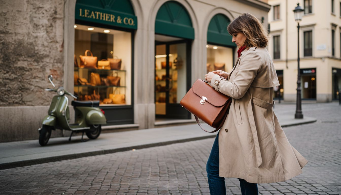 Frau betrachtet eine Ledertasche vor einer Boutique in Mailand