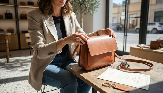 Woman inspecting Italian leather crossbody bag at table
