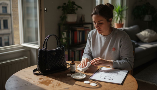 Woman prepares to clean Prada leather bag
