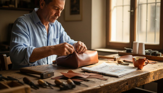 Artesano cosiendo a mano un bolso italiano de piel