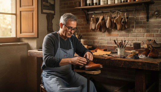 Artesano italiano puliendo zapatos de piel suave