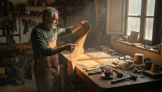 Italienischer Handwerker prüft gegerbtes Leder