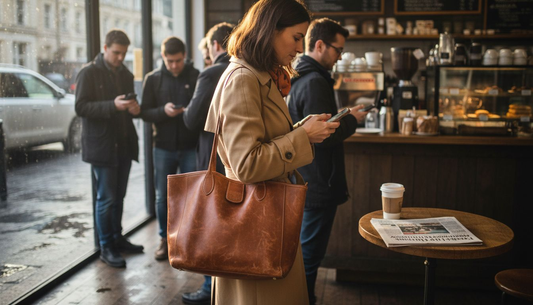 Frau betritt mit einer Vintage-Tote-Bag aus Leder ein Café